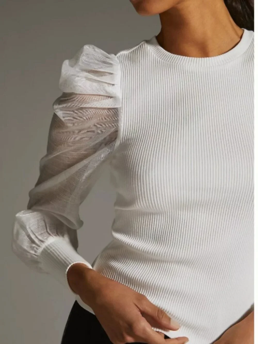 NWT Anthropologie Dolan Left Coast White Ribbed Puff Sheer Organza Sleeve Top‎